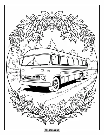 Kleurplaat van een bus voor volwassenen: Een versleten touringcar staat op een aarden pad, omgeven door bloemen en mandalawijnranken
