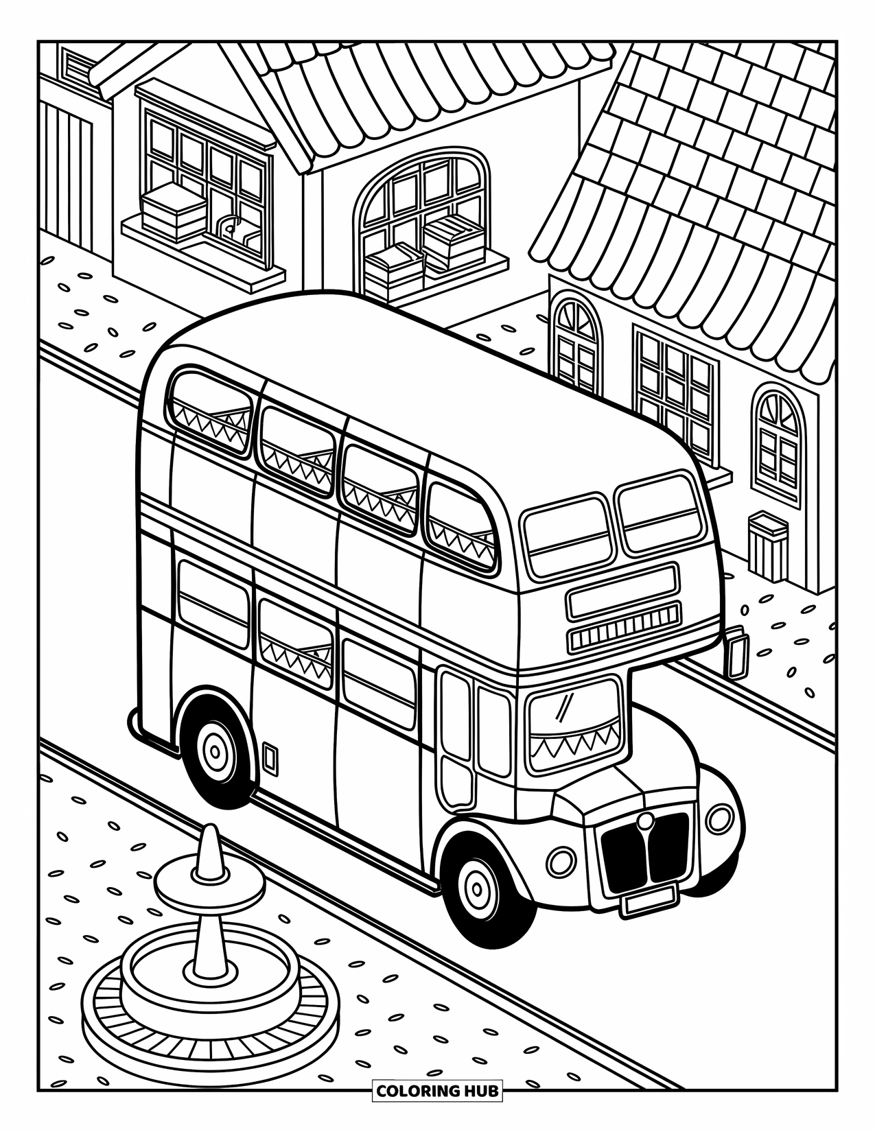 Bus Coloring Page for Adults: A festive bus with bunting passes tiny shops and a fountain in a cozy village