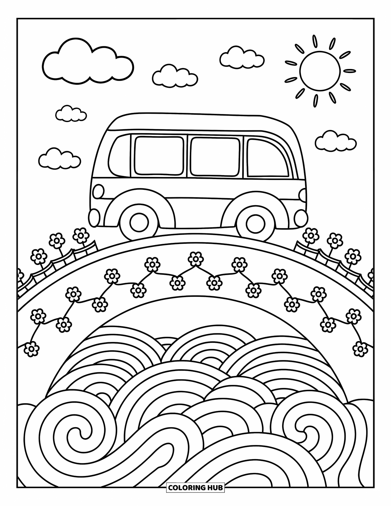 Bus Coloring Page for Adults: A gentle bus crosses an arched bridge with waving birds and flowers along the rail