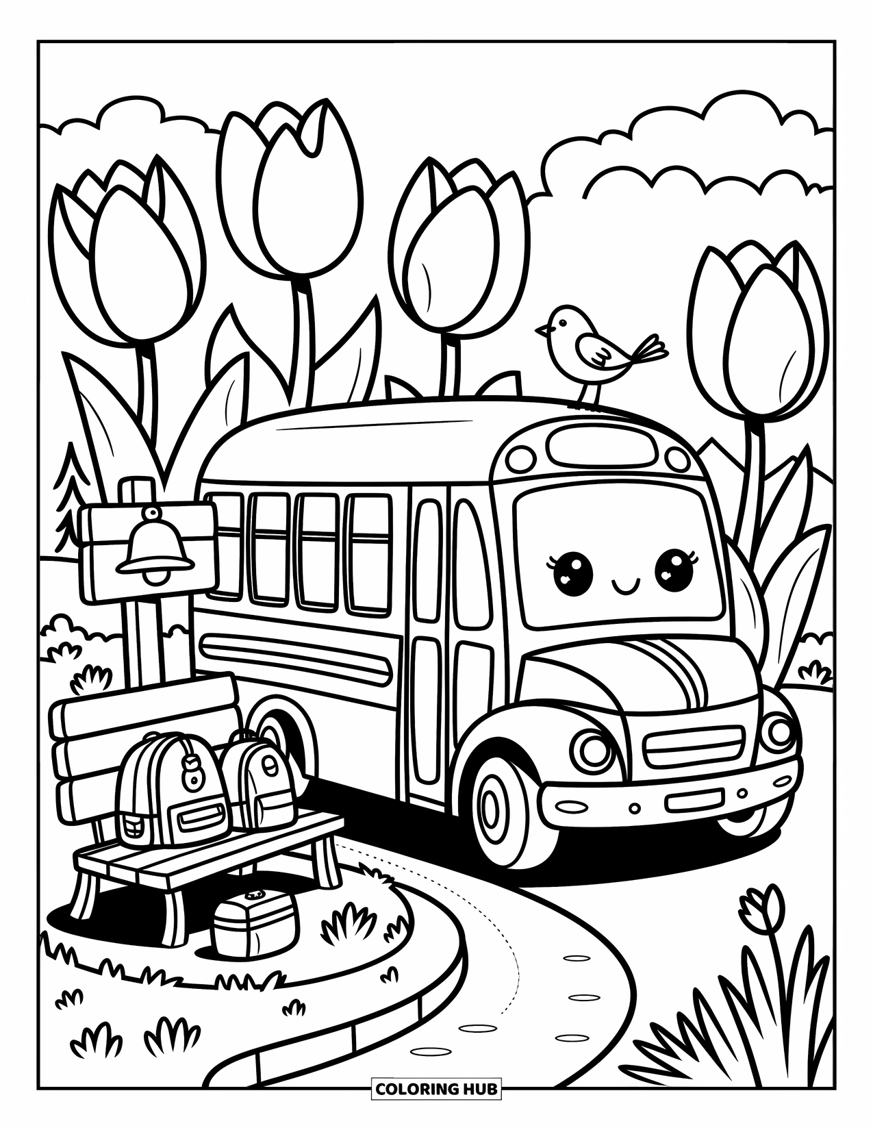 Bus Coloring Page for Adults: A gentle bus stops near tulips, a wooden sign, and a winding path to the woods