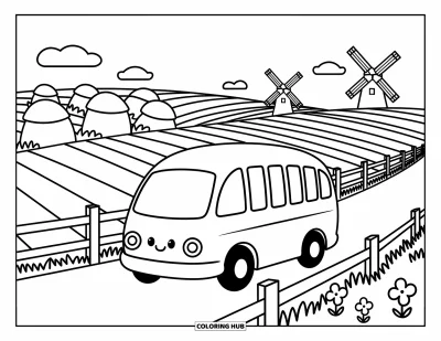 Kleurplaat van een bus voor volwassenen: Een vrolijke bus rijdt door boerenland met hooibergen, windmolens en bloeiende bloemen langs de weg