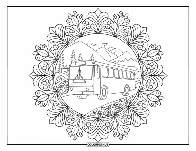 Kleurplaat van een bus voor volwassenen: Een bergbus rust vredig temidden van een waaier van bladrijke mandalapatronen en bloemen
