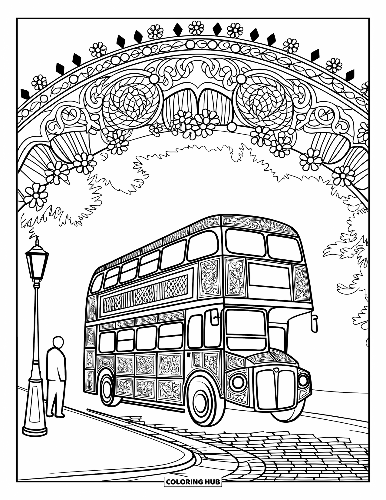Bus Coloring Page for Adults: A peaceful city bus scene with stained glass flowers, fences, and lamp posts