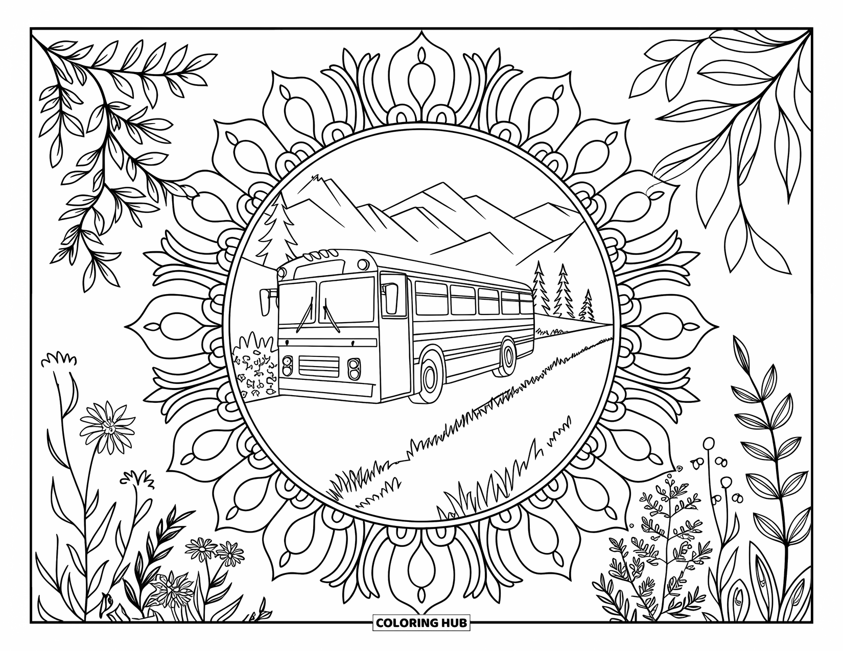 Bus Coloring Page for Adults: A quiet mountain bus stop is framed by flowers and a scenic hiking trail
