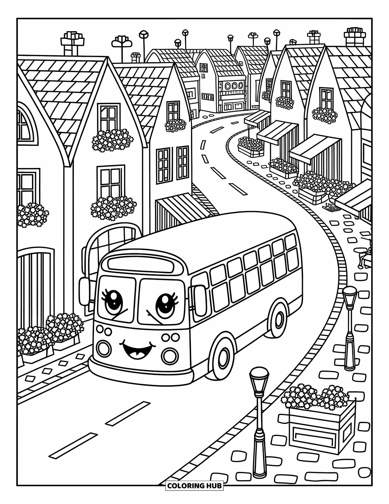 Bus Coloring Page for Adults: A smiling city bus drives along a cobbled road lined with flowerpot windows and cafés