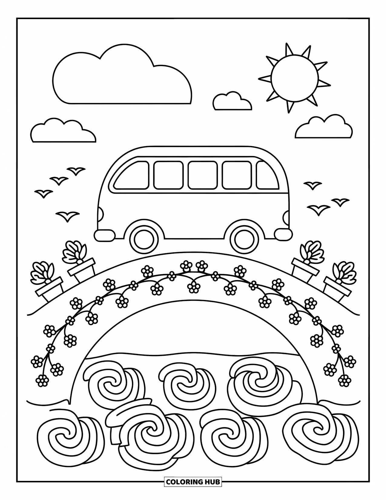 Bus Coloring Page for Adults: A soft, rounded bus crosses a bridge with potted plants and cinnamon roll-shaped waves below