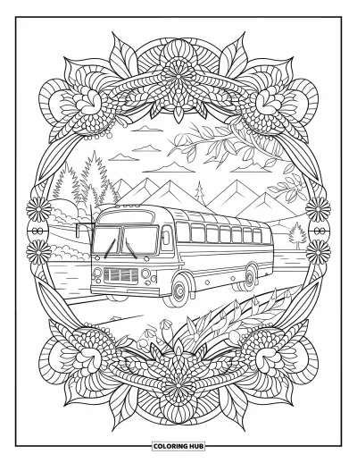 Kleurplaat van een bus voor volwassenen: Een vintage touringcar staat geparkeerd in de natuur, omgeven door volledige bloemmandalas