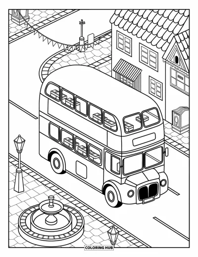Kleurplaat van een bus voor volwassenen: Een open-top bus rijdt langs geplaveide paden, kleine kraampjes en een fontein op een rotonde