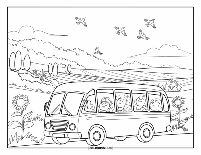 Kleurplaat van een bus voor kinderen: Een bus vol mensen rijdt door velden met vliegende vogels