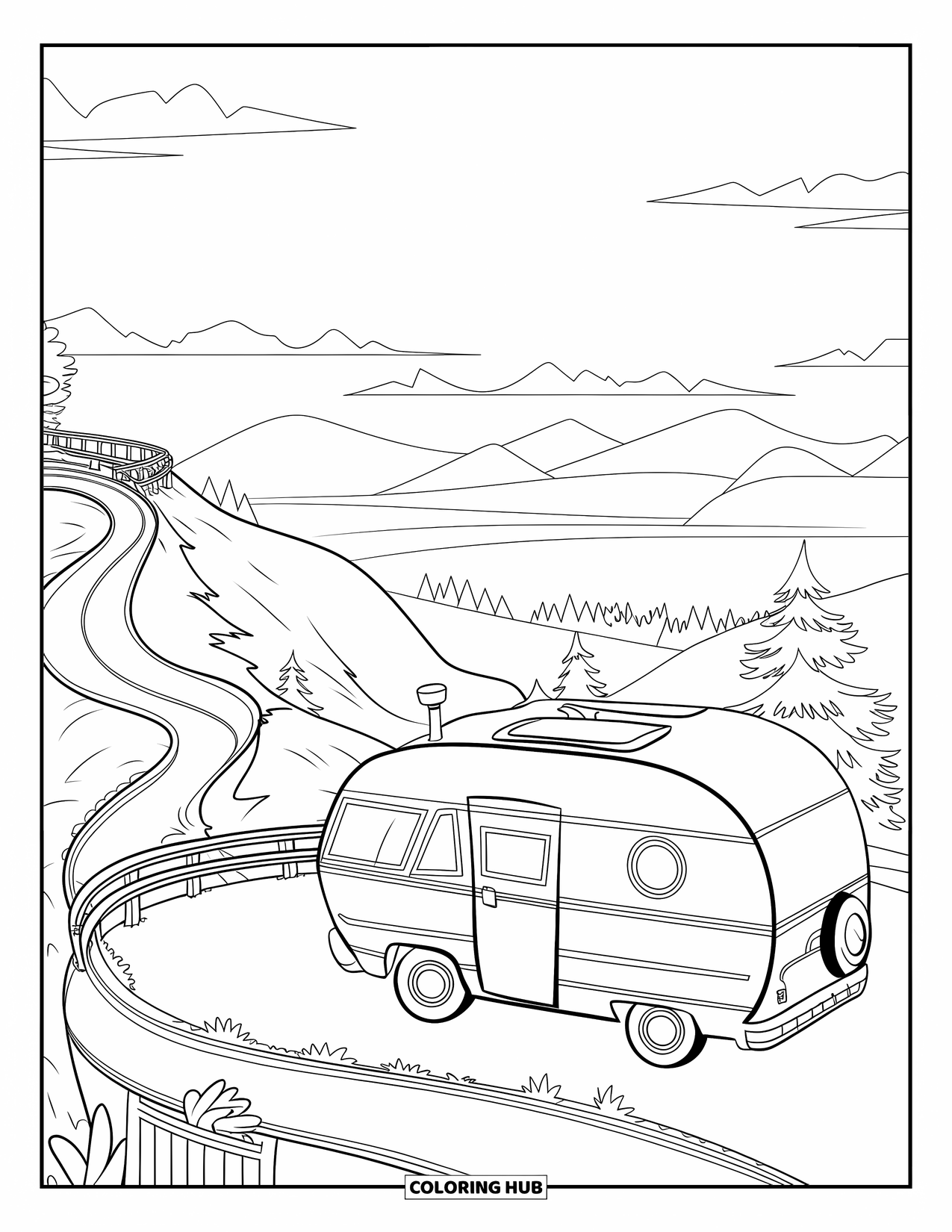 Bus Coloring Page for Kids: A camper bus with a chimney pauses at a quiet mountain lookout
