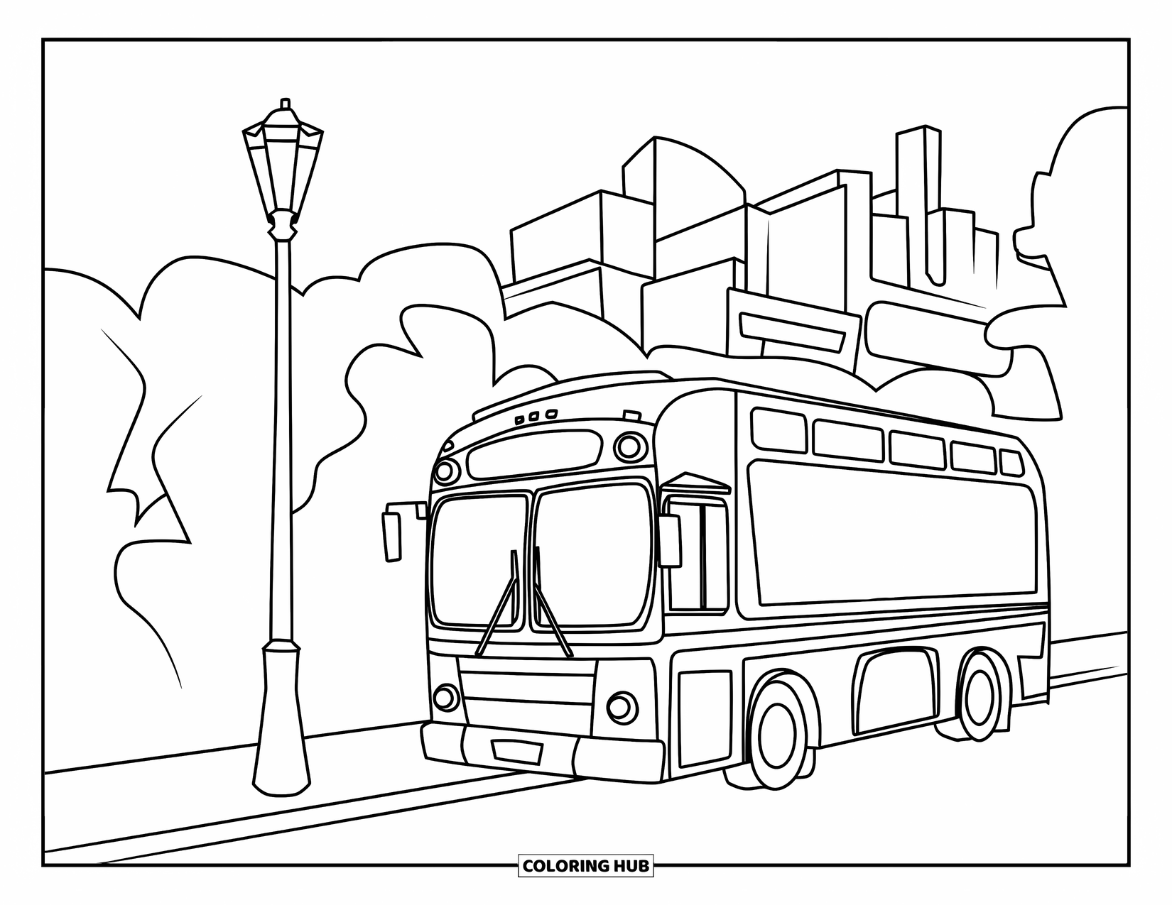 Bus Coloring Page for Kids: A cheerful bus parks beside a sidewalk with trees and a tall lamppost
