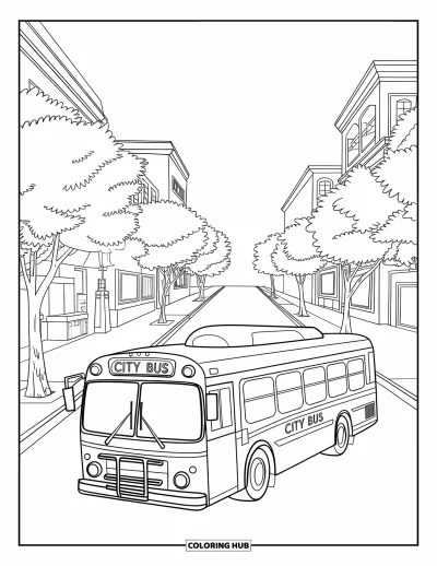 Kleurplaat van een bus voor kinderen: Een stadsbus rijdt door een stille straat met gebouwen en bomen