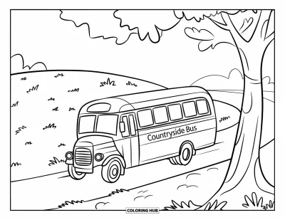 Kleurplaat van een bus voor kinderen: Een plattelandsbus met het opschrift "Countryside Bus" rijdt langs een grasrijke heuvel en een boom