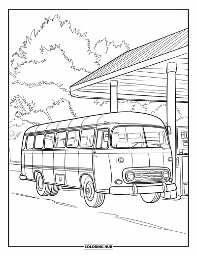 Kleurplaat van een bus voor kinderen: Een gezellig tankstation en een vintage bus staan rustig bij de bomen