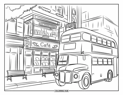 Kleurplaat van een bus voor kinderen: Een dubbeldekker staat geparkeerd voor een boekwinkel en een café