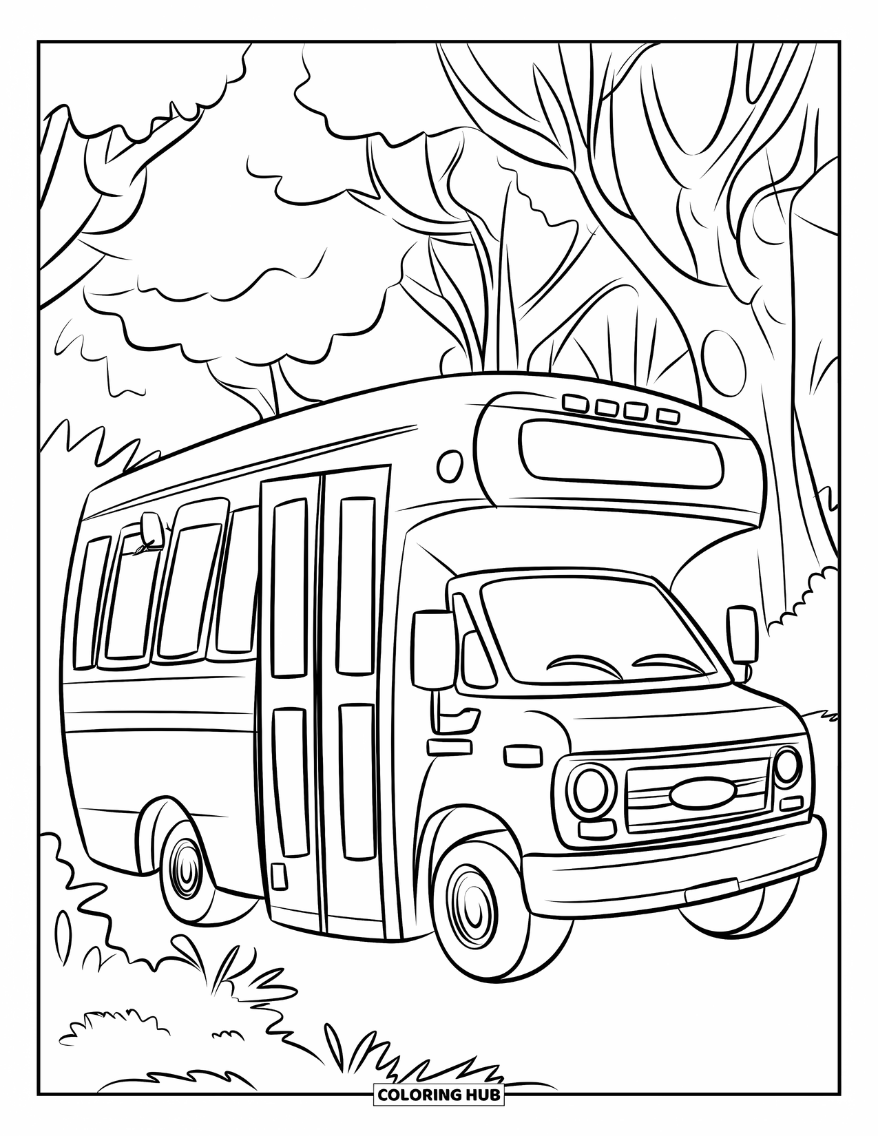 Bus Coloring Page for Kids: A forest shuttle bus stands quietly with trees all around