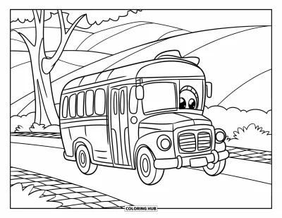 Kleurplaat van een bus voor kinderen: Een vrolijke bus met een hoed rijdt over een geplaveide landweg