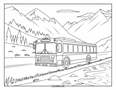 Kleurplaat van een bus voor kinderen: Een bergbus rijdt langs bomen, rotsen en wolken in de lucht