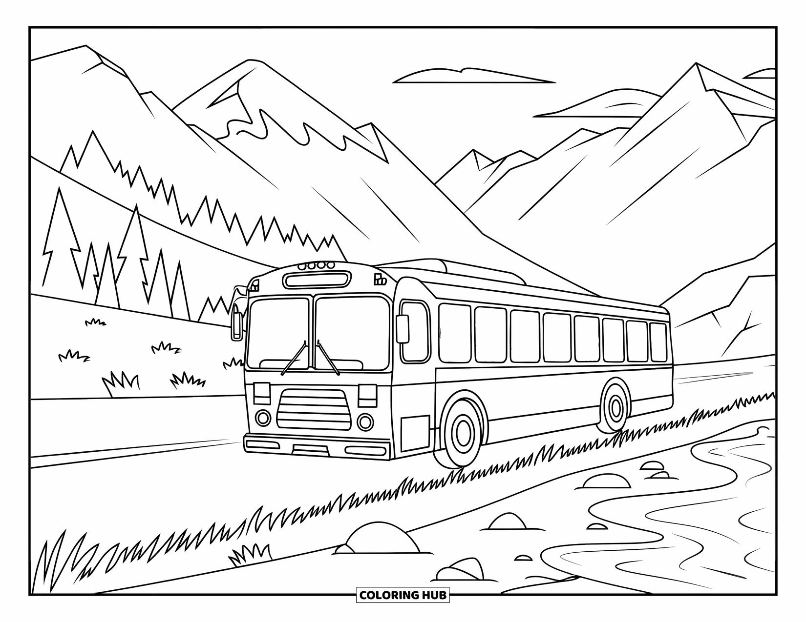 Bus Coloring Page for Kids: A mountain bus rolls past trees, rocks, and clouds in the sky