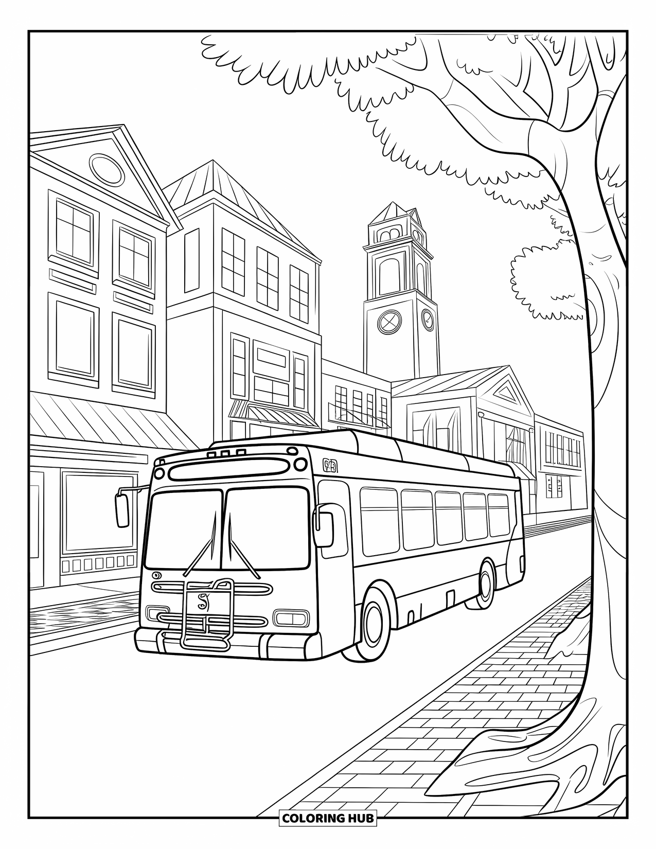 Bus Coloring Page for Kids: A number 5 bus passes buildings and trees on a brick-paved street