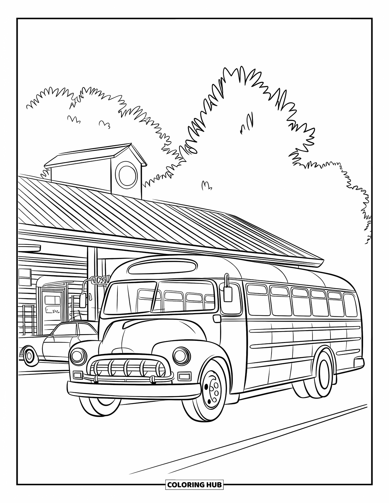 Bus Coloring Page for Kids: A red and white bus parks next to a rural gas stop