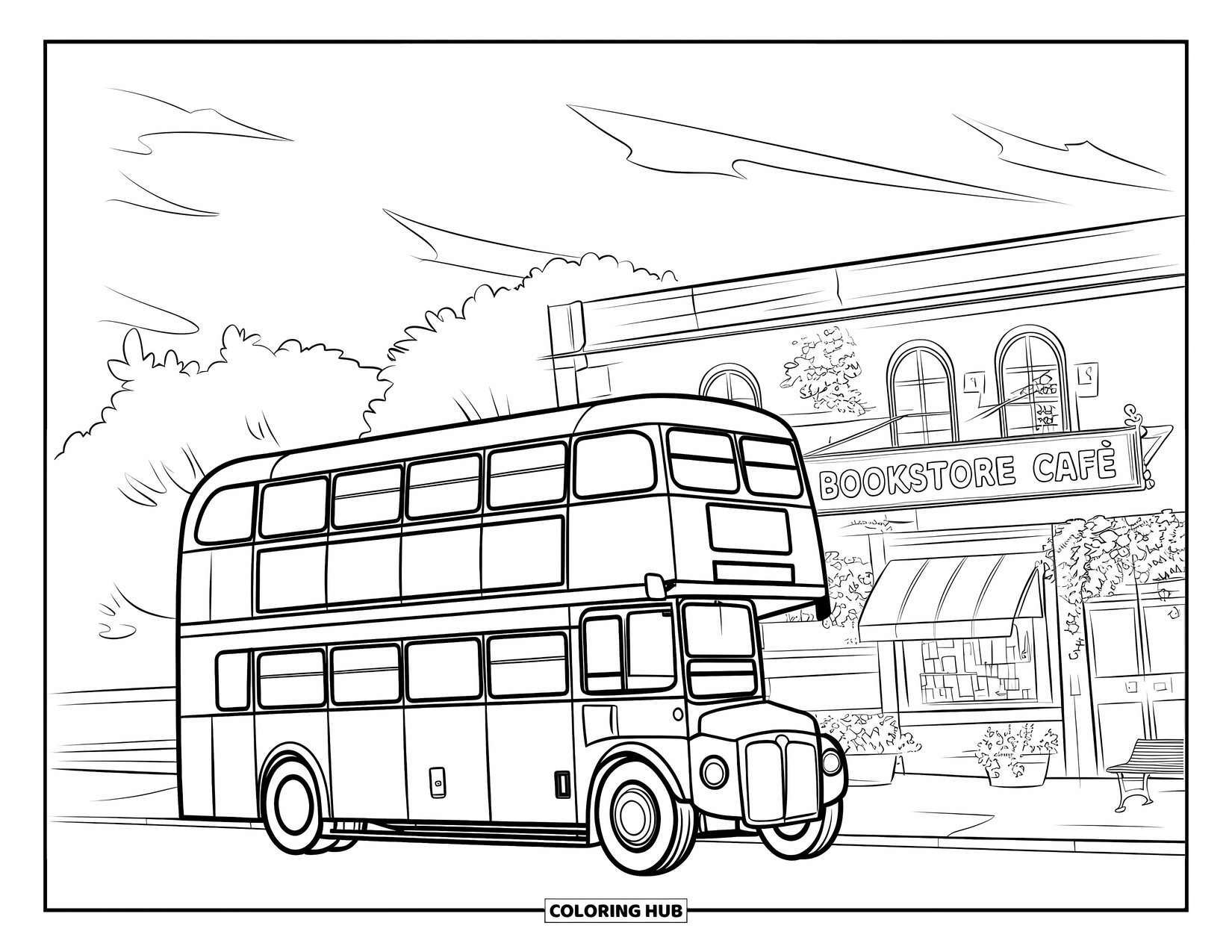 Bus Coloring Page for Kids: A red bus stops at a cozy bookstore café with signs and benches