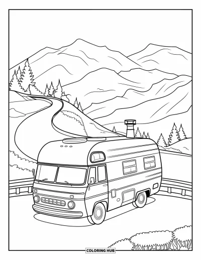 Kleurplaat van een bus voor kinderen: Een retro camperbus rust naast een bankje bij een kronkelende bergweg