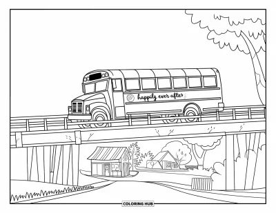 Kleurplaat van een bus voor kinderen: Een schoolbus rijdt over een lange brug boven een rustig stadje