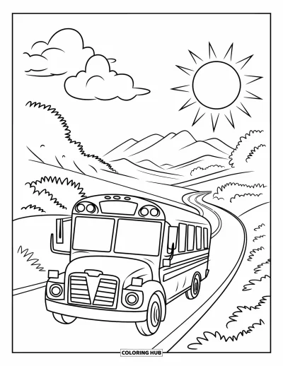 Kleurplaat van een bus voor kinderen: Een schoolbus rijdt over een slingerende weg onder pluizige wolken en een zon