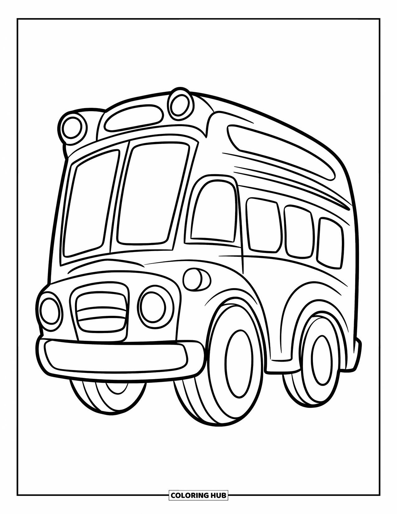 Bus Coloring Page for Kids: A side-view city bus shows two big wheels and playful windows