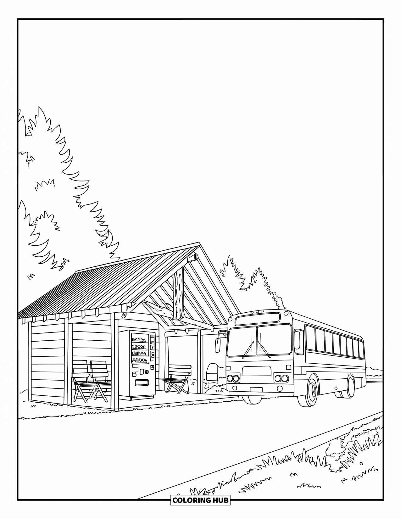 Bus Coloring Page for Kids: A small building, chairs, and a vending machine sit beside a parked bus