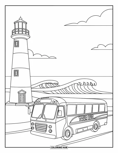 Kleurplaat van een bus voor kinderen: Een gestreepte vuurtoren en een touringcar delen een rustig uitzicht op de kust