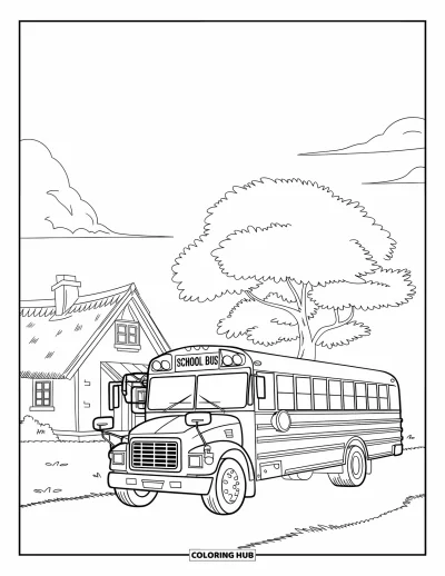 Kleurplaat van een bus voor kinderen: Een huis met rieten dak en een schoolbus staan naast een grote boom