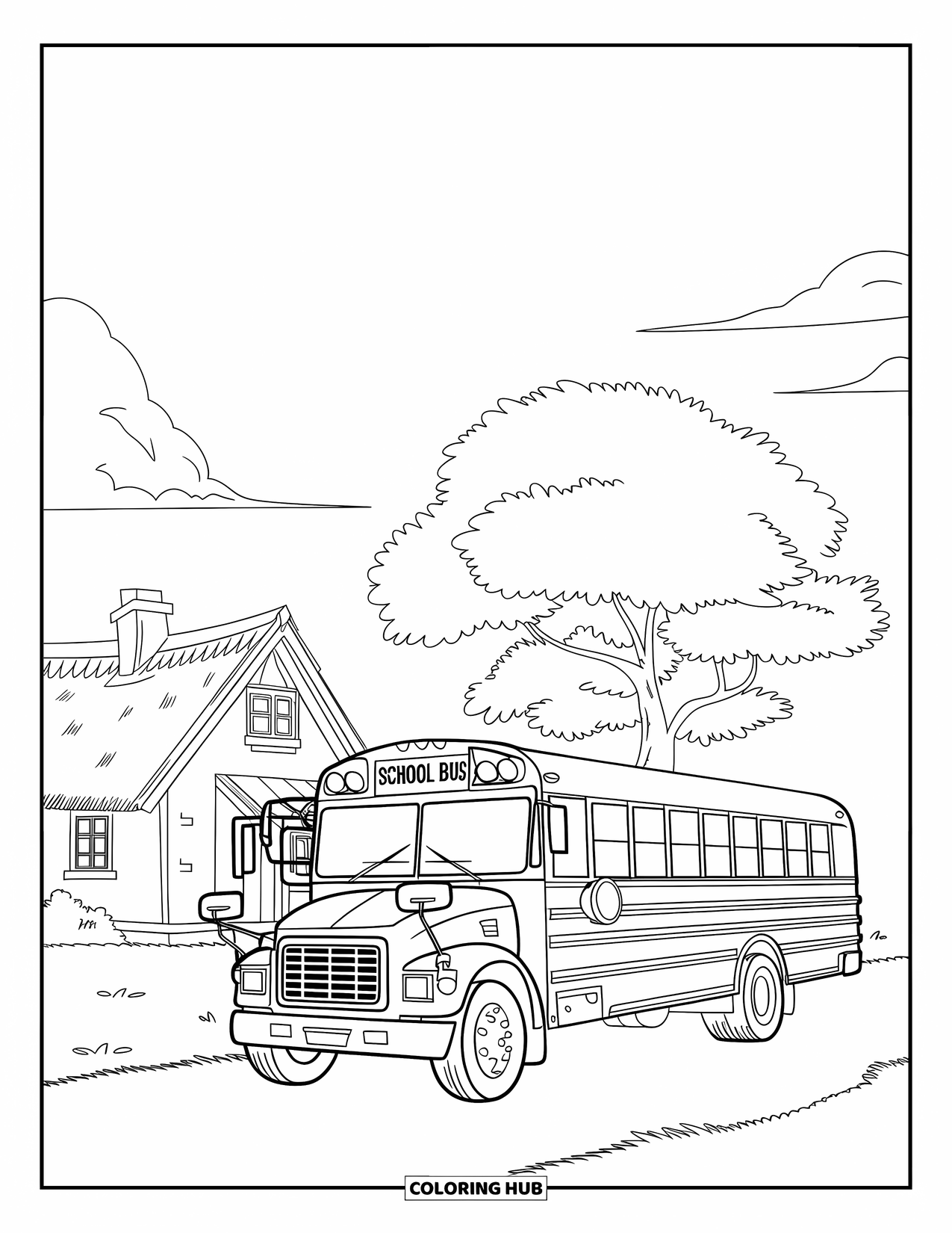 Bus Coloring Page for Kids: A thatched-roof house and a school bus sit beside a tall tree