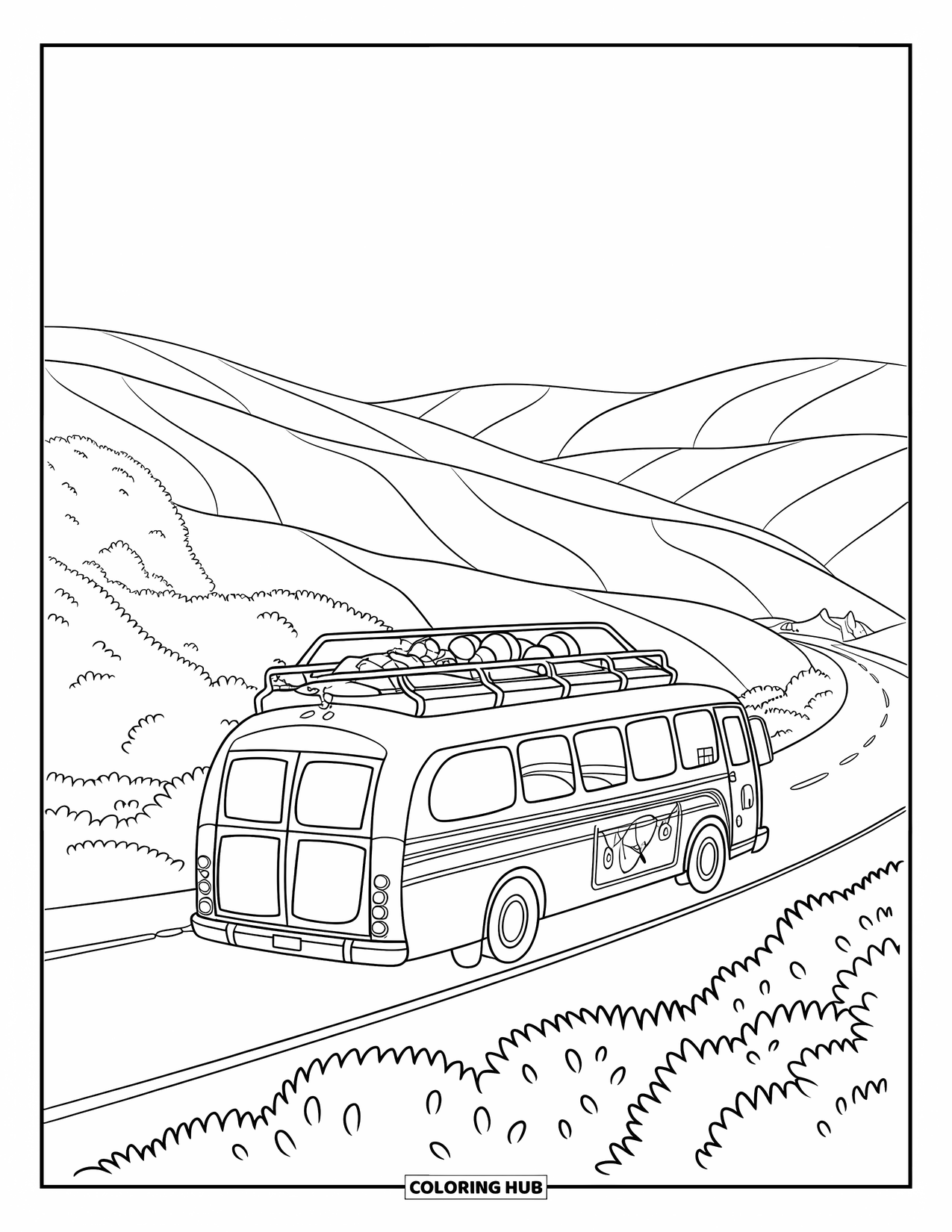 Bus Coloring Page for Kids: A travel bus with luggage drives through hilly countryside