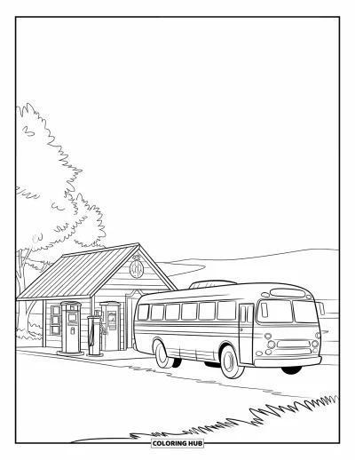 Kleurplaat van een bus voor kinderen: Een vintage bus stopt naast een klein landelijk tankstation met bomen op de achtergrond