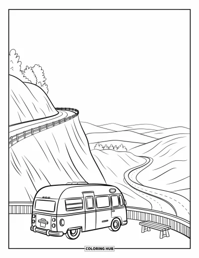 Kleurplaat van een bus voor kinderen: Een vintage camperbus staat geparkeerd op een klif met heuvels in de verte