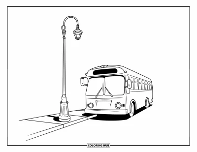 Kleurplaat van een bus voor kinderen: Een geel-blauwe bus staat geparkeerd naast een stoep in de stad