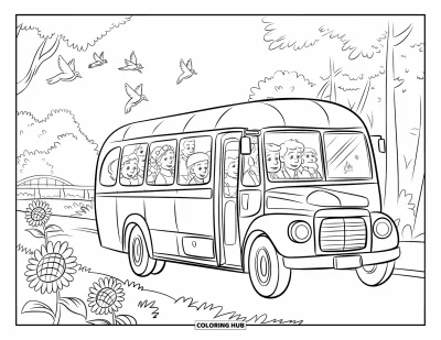 Kleurplaat van een bus voor kinderen: Zonnebloemen en vogels omringen een drukke busrit door het platteland