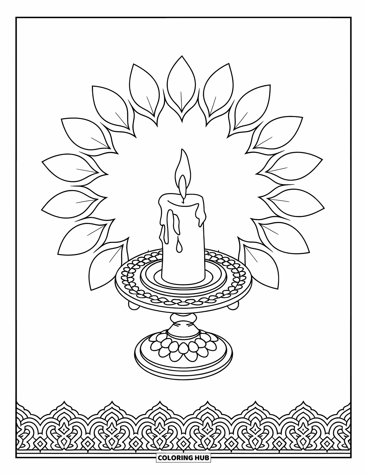 Candle Coloring Page for Adults: Antique candle holder surrounded by blooming lotus petals