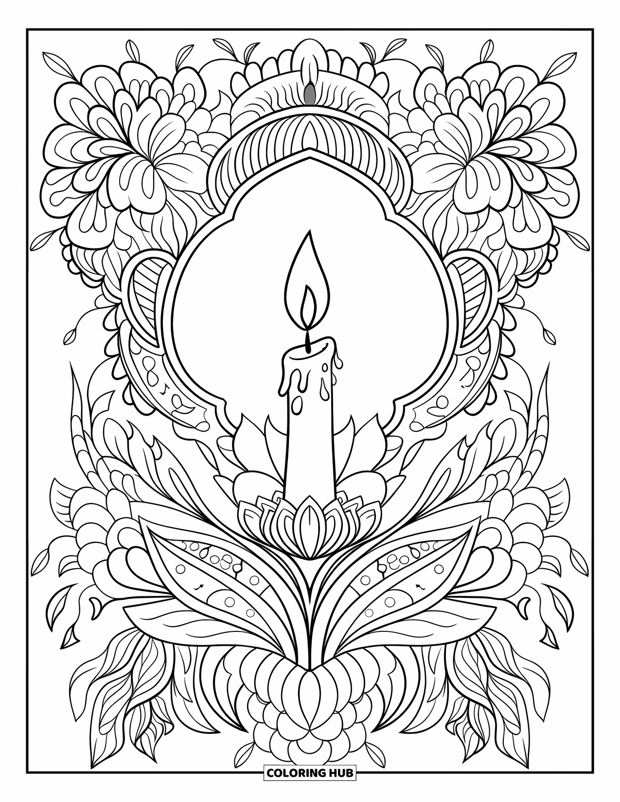 Candle Coloring Page for Adults: Candle with dancing flame framed by flower-filled mandala