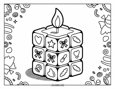 Desen de colorat cu lumânări pentru adulți: Lumânare cubică groasă cu straturi primitoare și doodle-uri miniaturale pe o bază desenată manual
