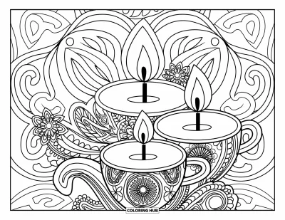 Desen de colorat cu lumânări pentru adulți: Lumânări în cești pe un fundal de paisley în stil mandala