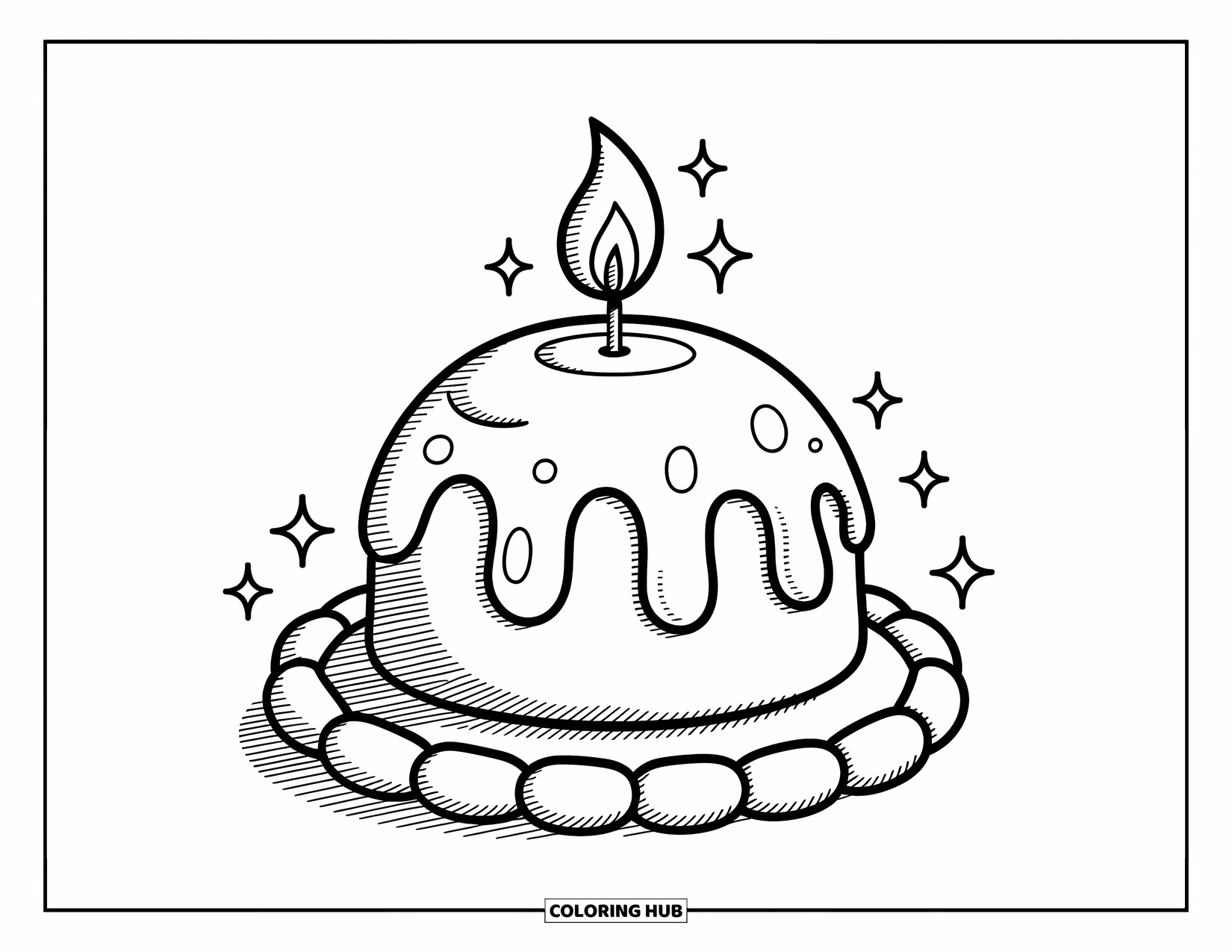 Candle Coloring Page for Adults: Dome candle with a cozy flame, sparkles, and gentle wax drips