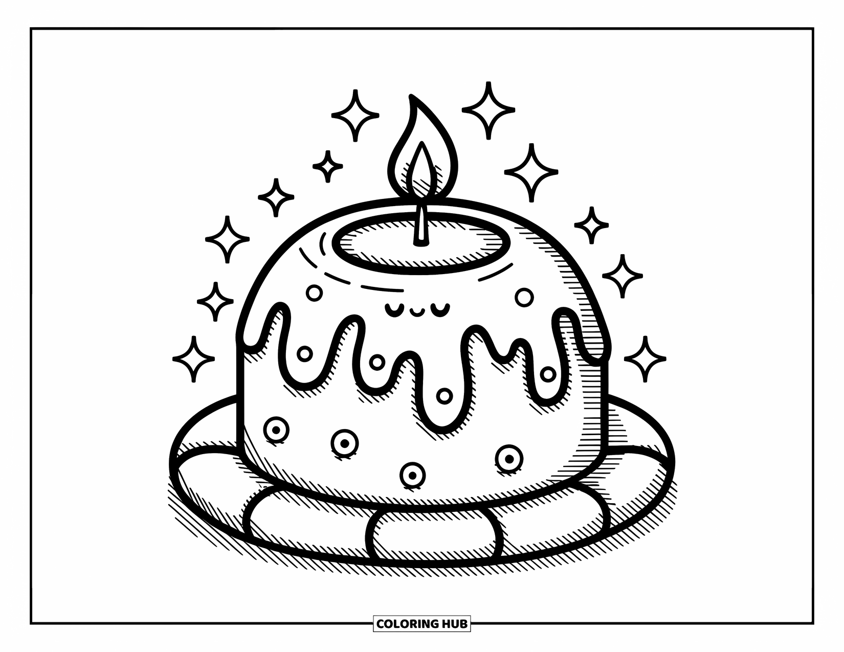 Candle Coloring Page for Adults: Dome-shaped candle with drippy wax and sparkles on a round padded base