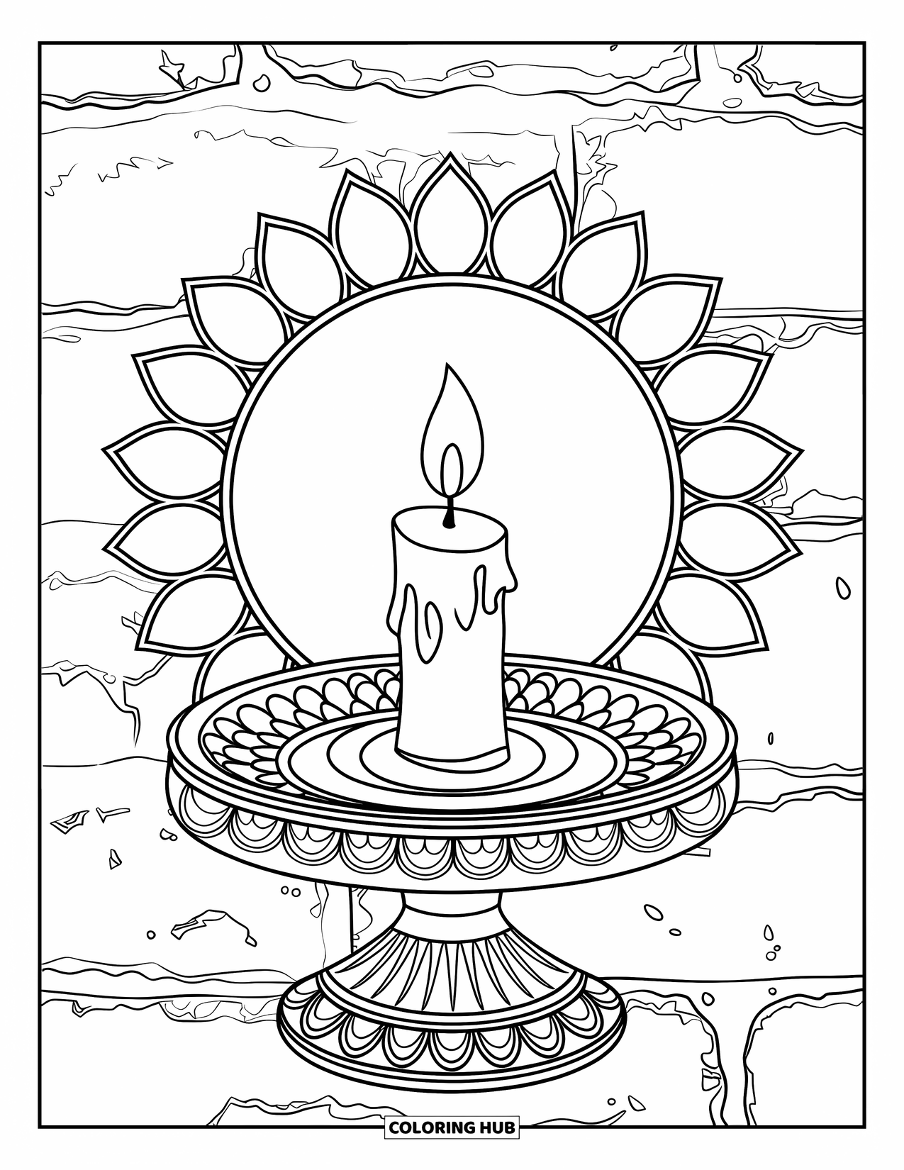 Candle Coloring Page for Adults: Flame-lit candle on an ornate holder framed by lotus petals