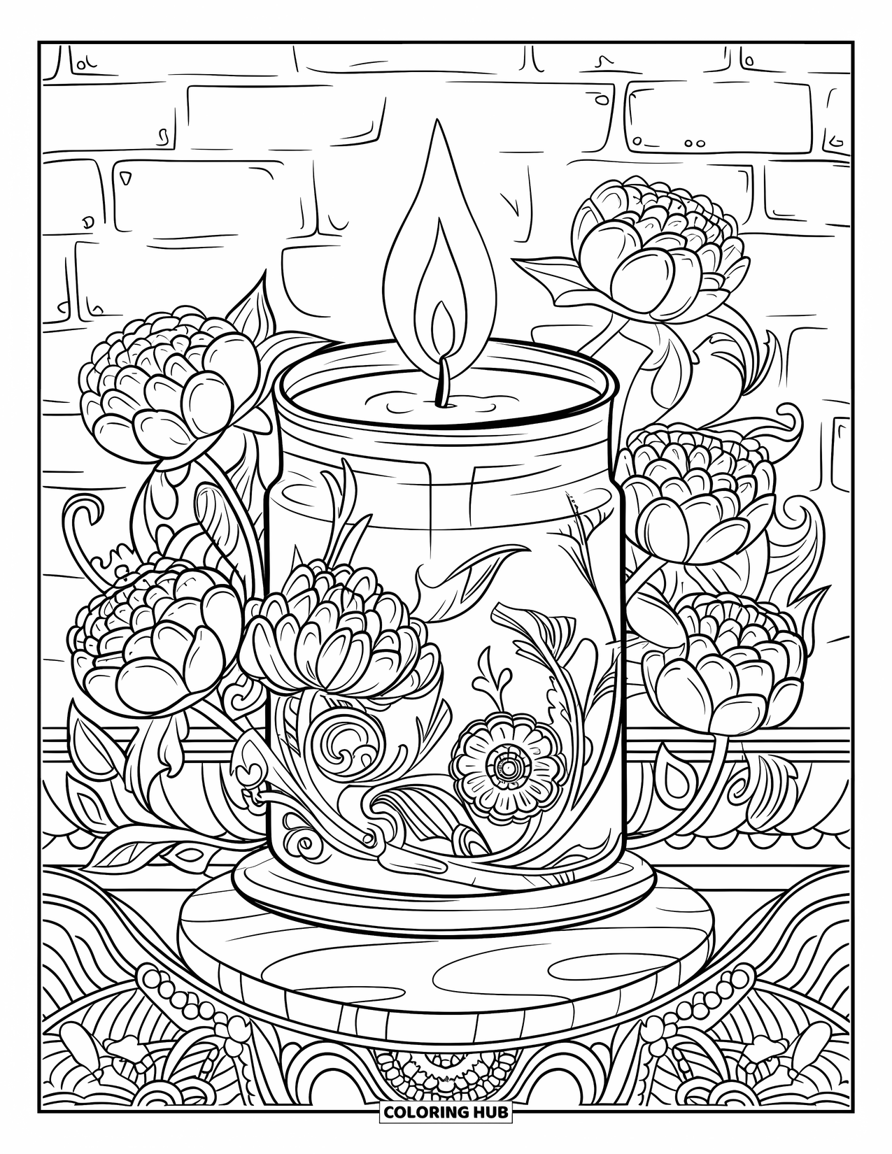 Candle Coloring Page for Adults: Glass jar candle glowing beside peonies and climbing vines