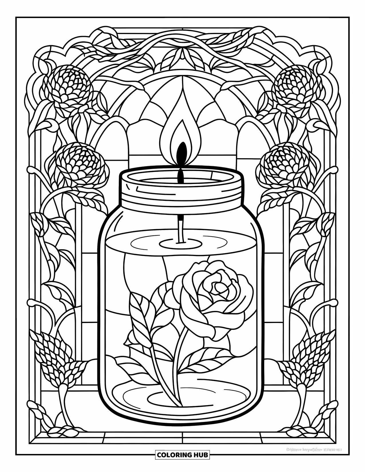 Candle Coloring Page for Adults: Jar candle with floating rose inside a stained glass window