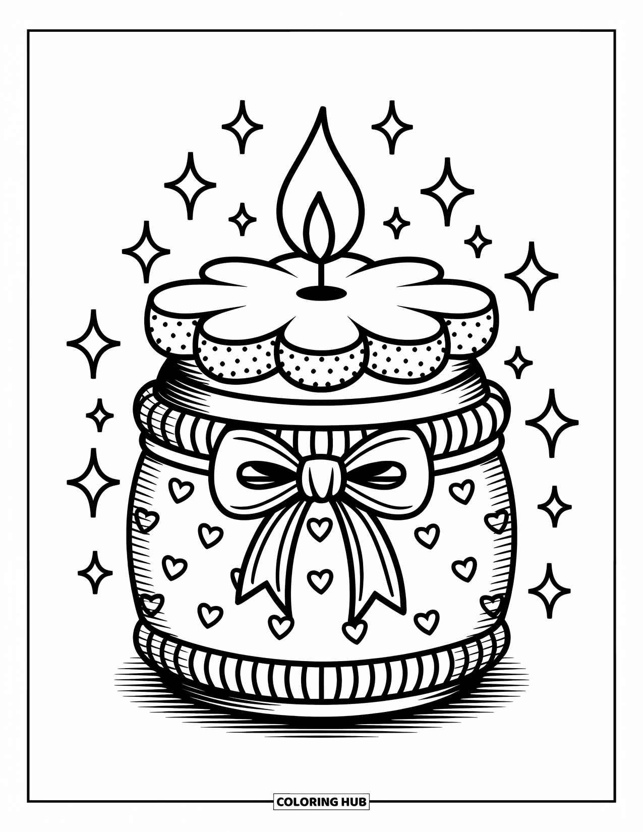 Candle Coloring Page for Adults: Knitted candle jar with ribbon bow and floating sparkles and stars