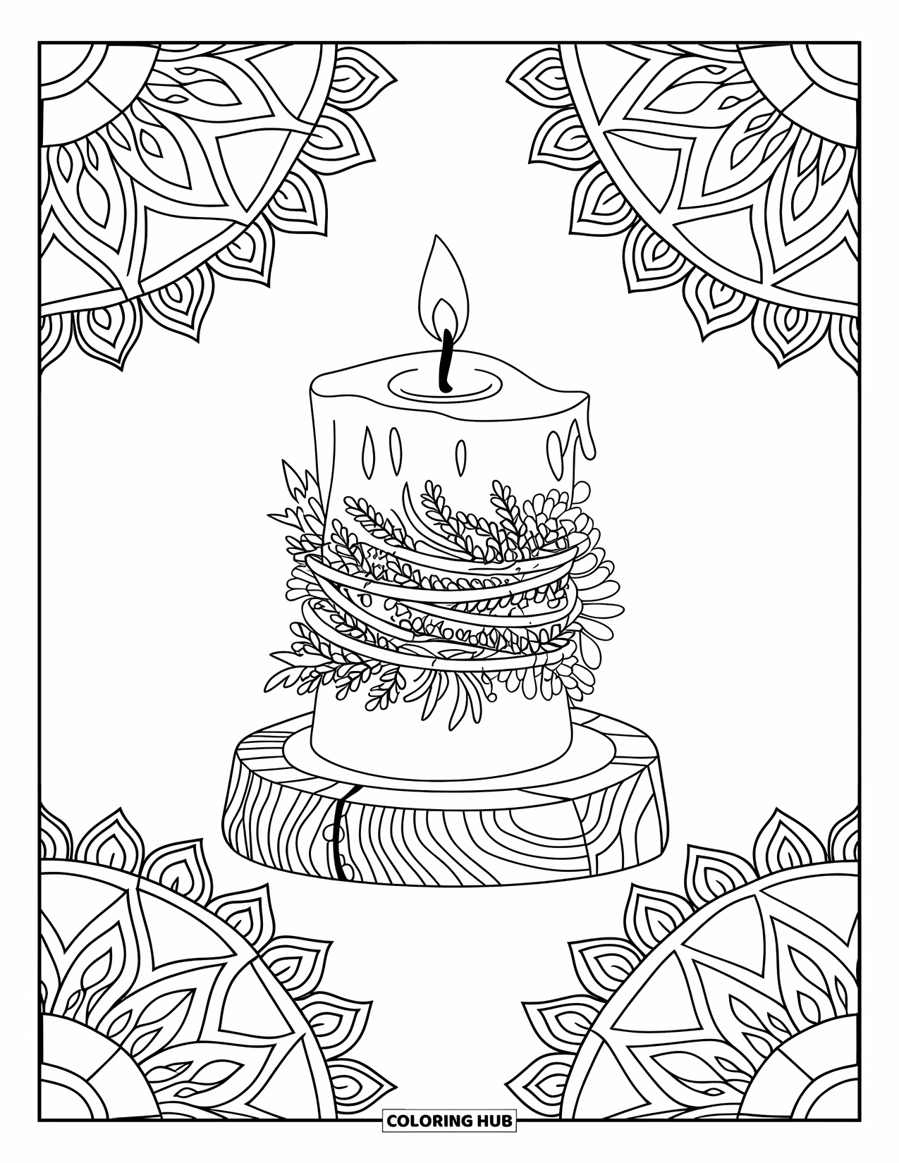 Candle Coloring Page for Adults: Pillar candle wrapped in herbs with detailed mandala borders